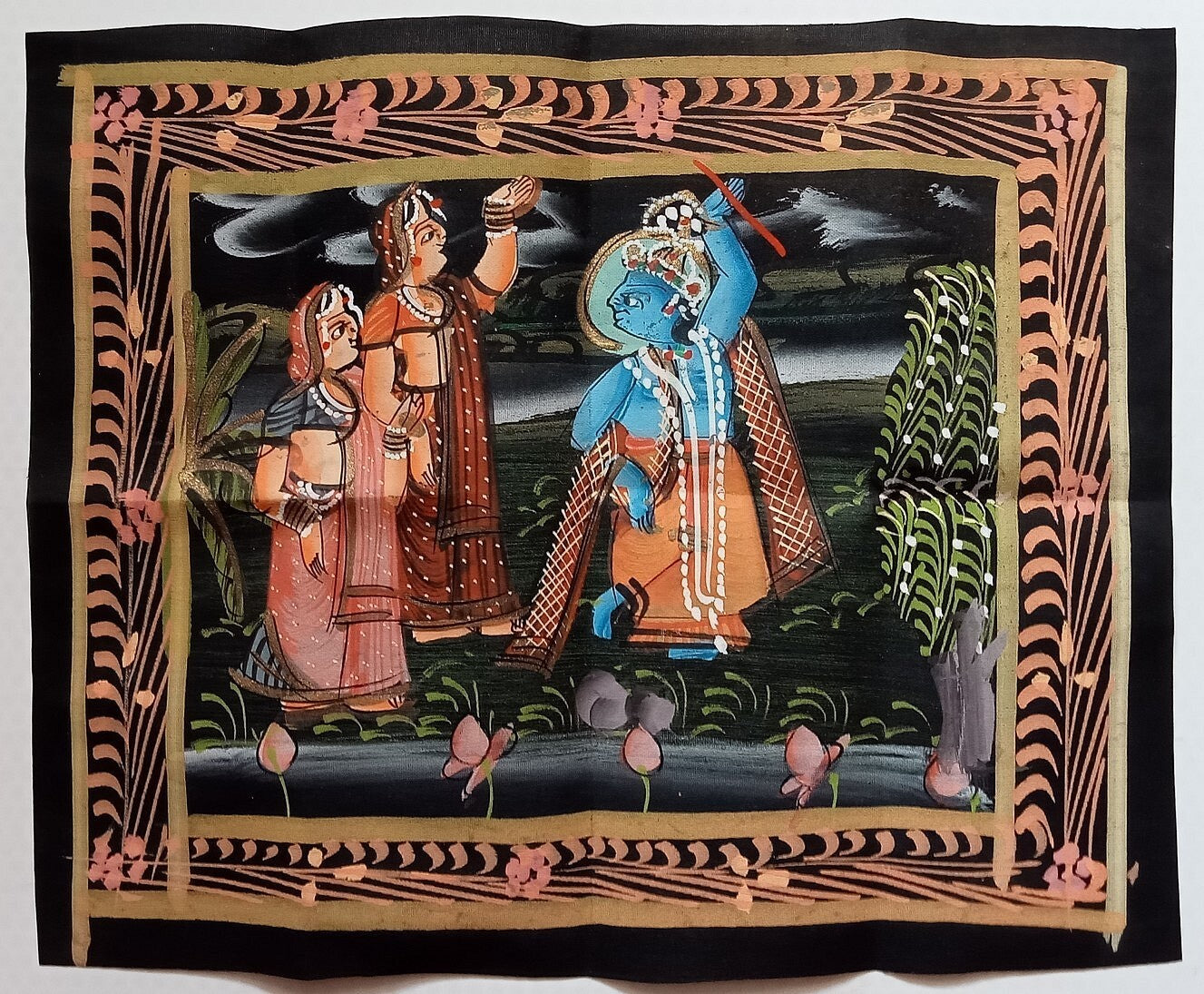 India vintage hand painting on cloth RADHA & KRISHNA 9 x 11 inches