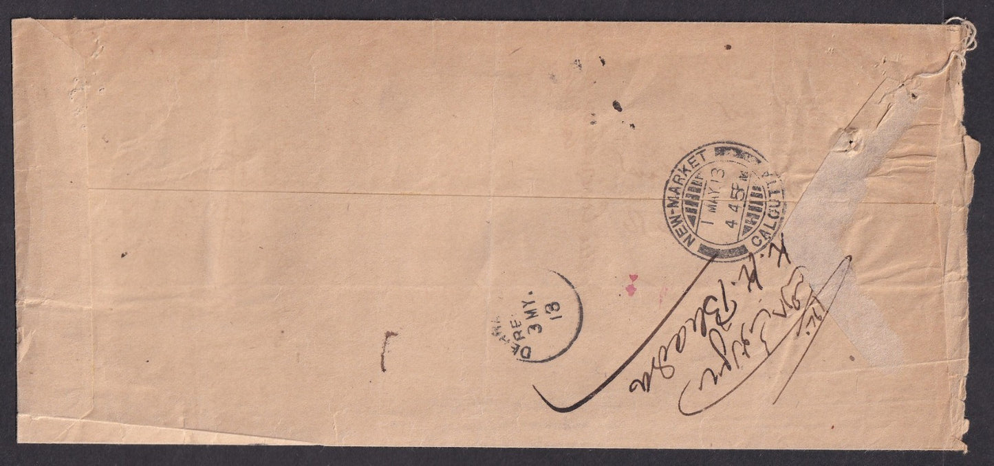 India 1913 stampless 39/3/- VPP (Value Payable) On Postal Service cover