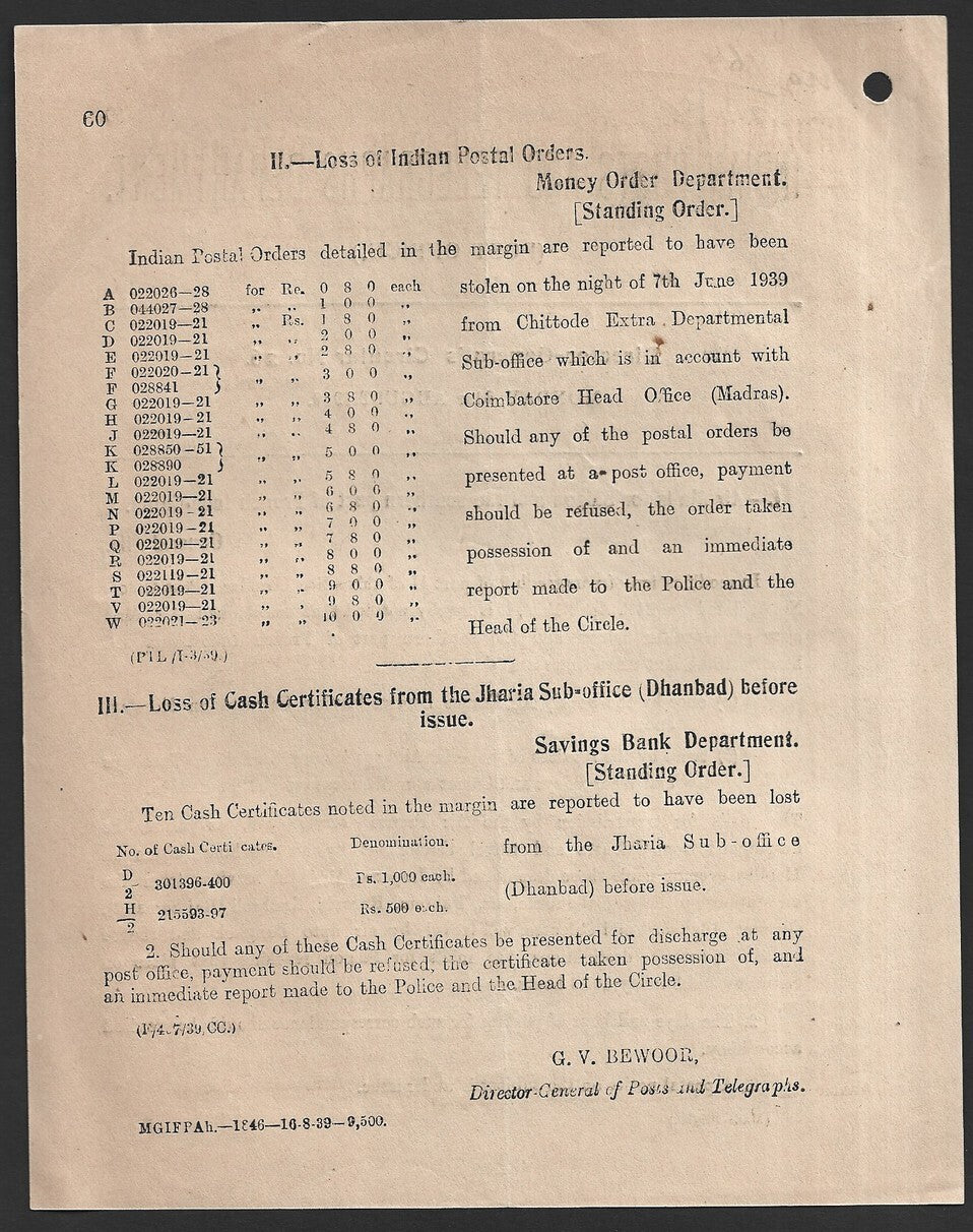 India 1939 POSTAL NOTICE Airmails for Saigon and Souther French Indo-China