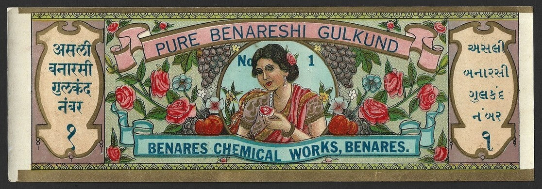 India vintage textile litho label Benares Chemical Works- PURE BENARSHI GULKUND