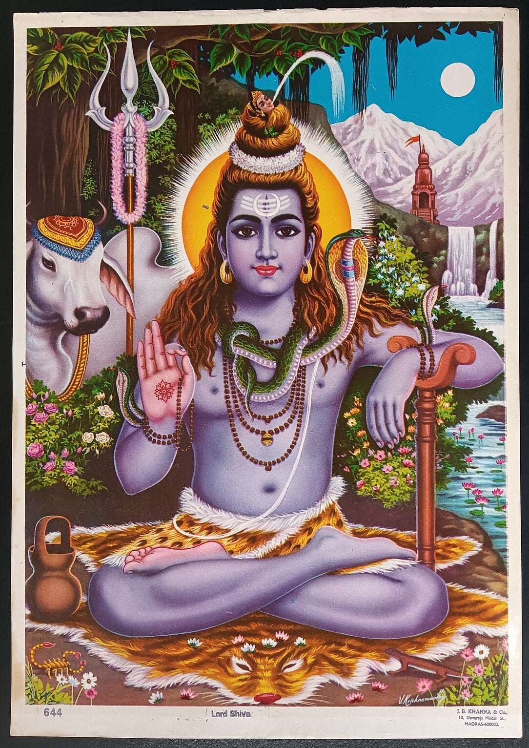 India vintage poster LORD SHIVA by J.B.Khsnna & Co. 9.5"x13.5" inches