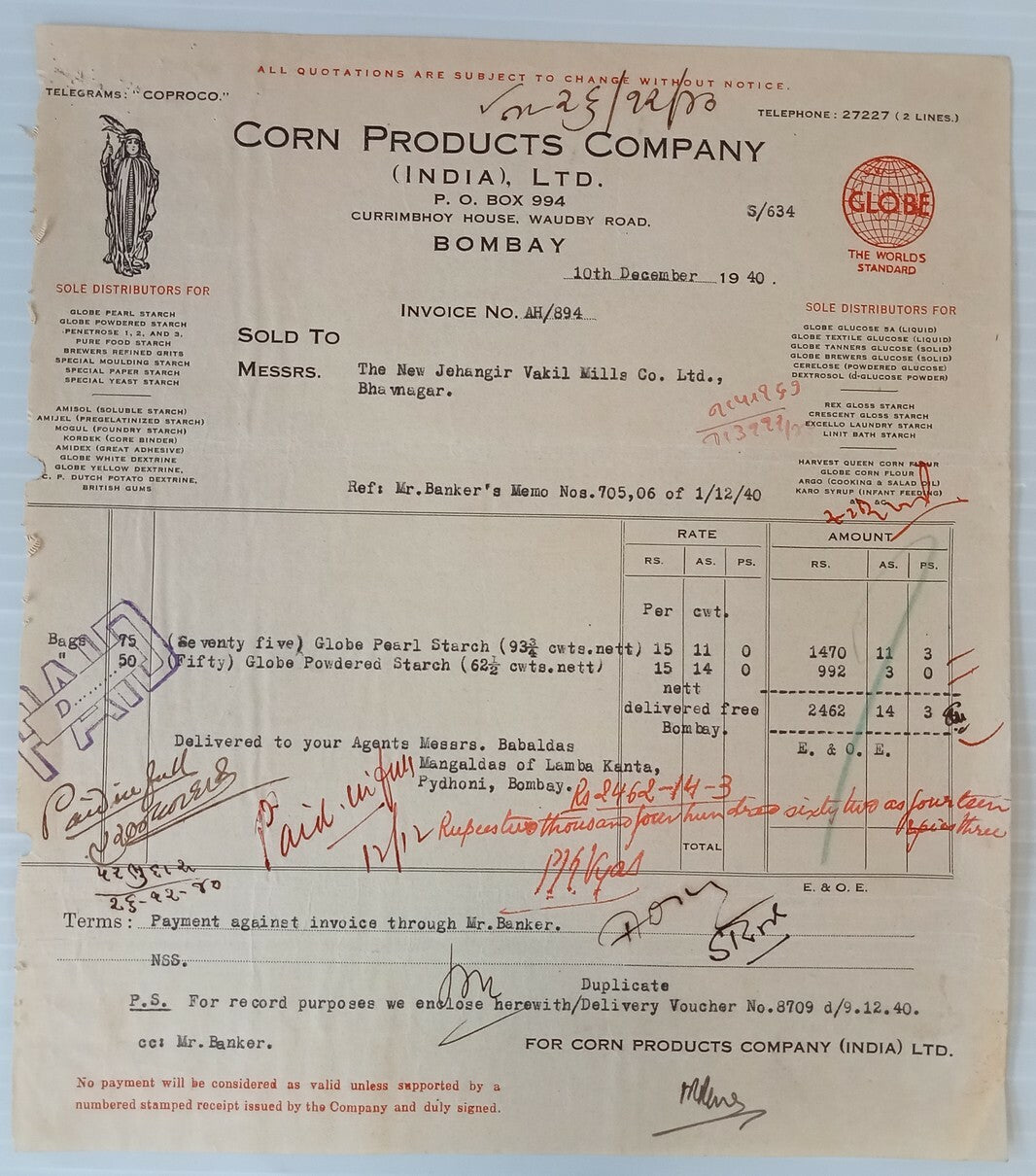 AOP Corn Products Co. Bombay 1940 illustrated billhead India