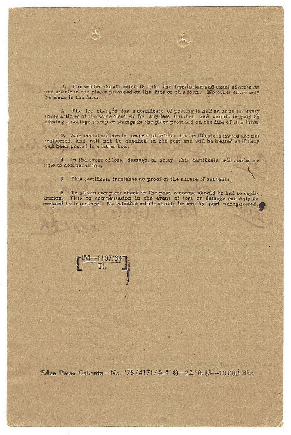 India 1943 Cerificate of Posting with 2 backsides