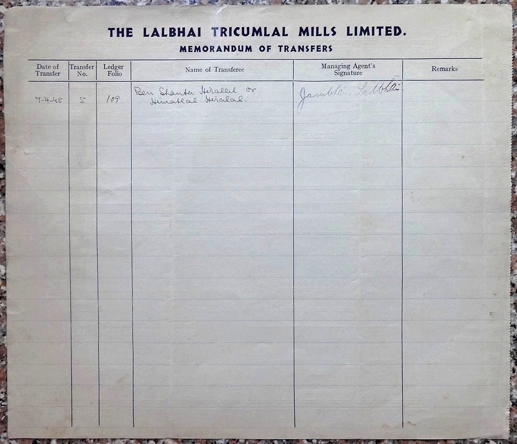 India 1944 Lalbhai Tricumlal Mills share certificate
