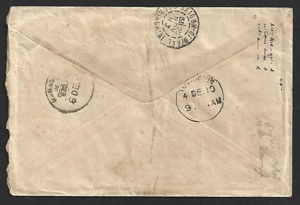 AOP Indo China 1907 25c on cover Bentre to India via Colombo
