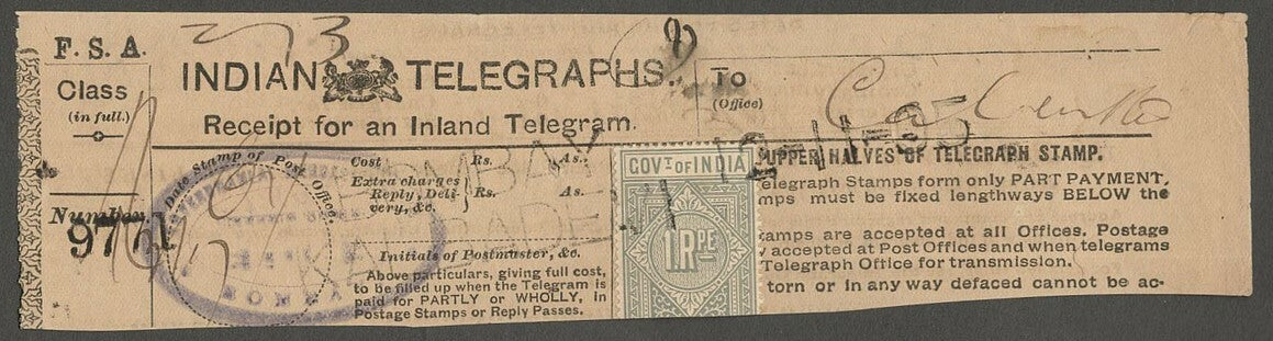 AOP India Telegraph stamp on 1905 BY- KALBADEVI Telegraph receipt