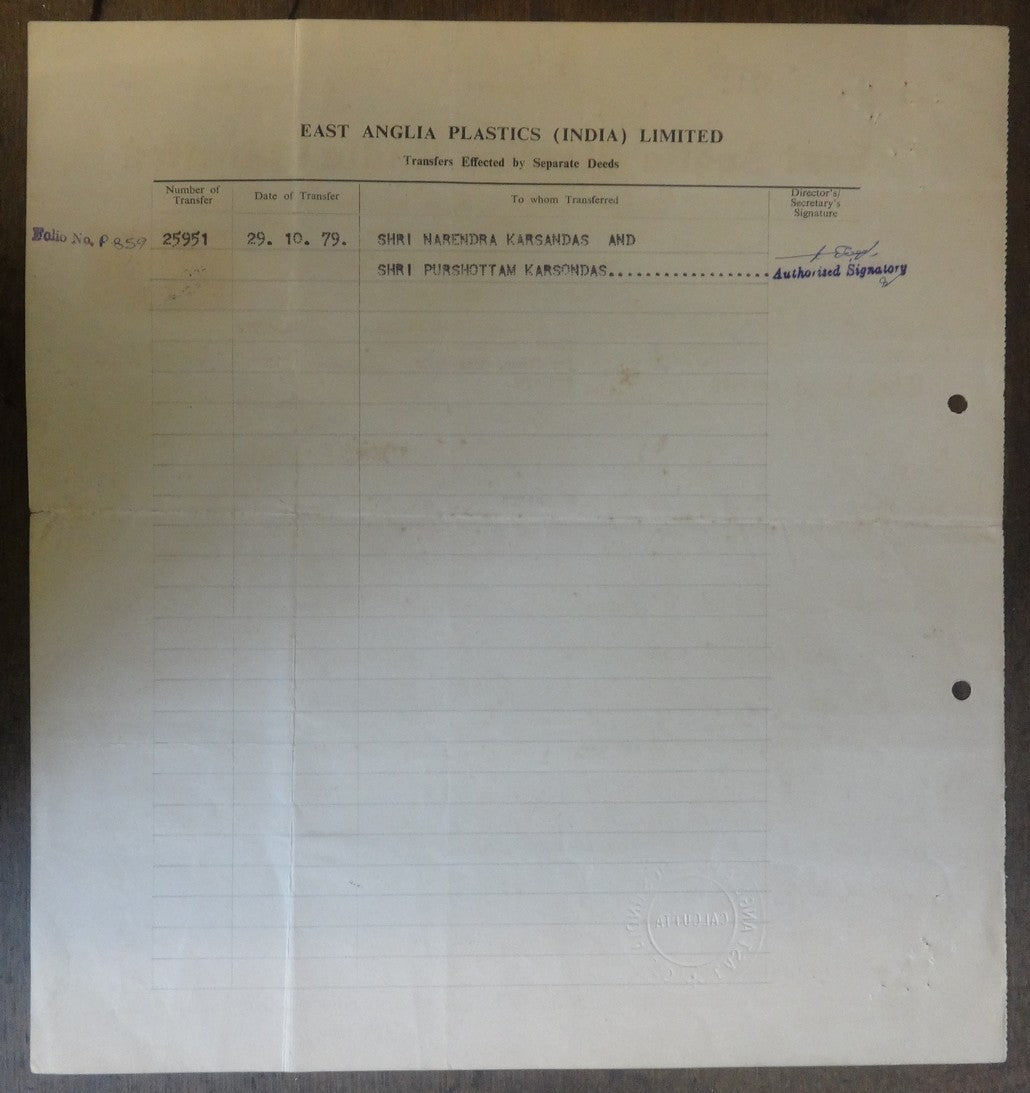 India 1963 EAST ANGLIA PLASTICS LTD. Share certificate
