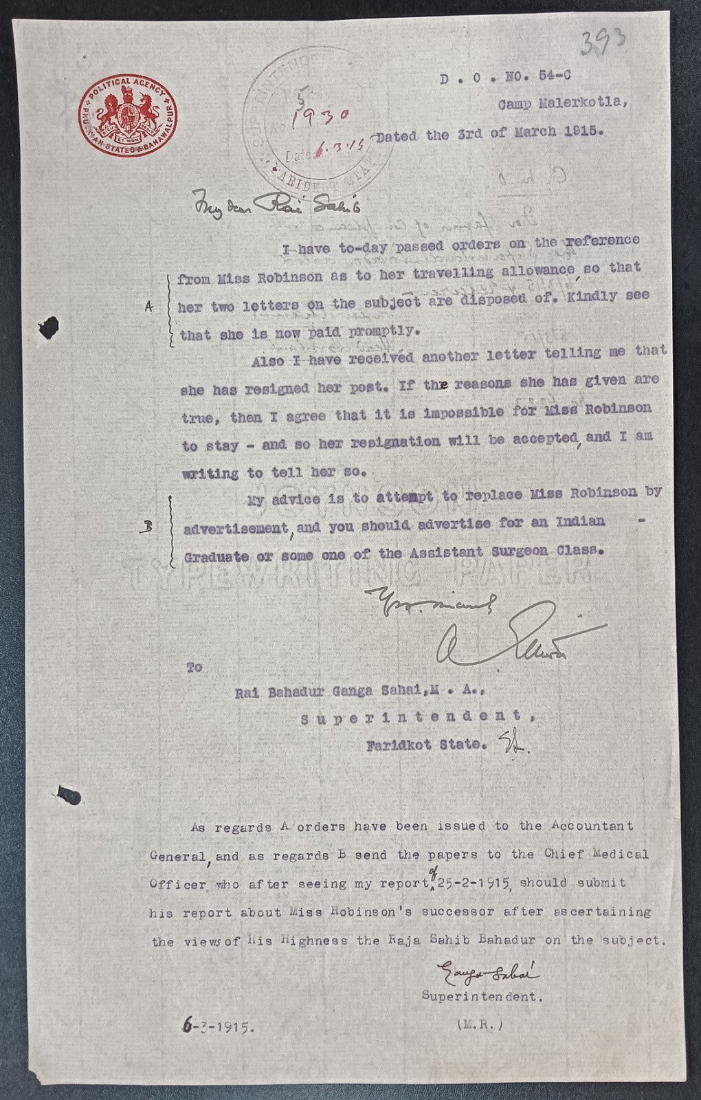 India POLITICAL AGENCY PHULKIAN STATES & BAHAWALPUR 1915 crested letter