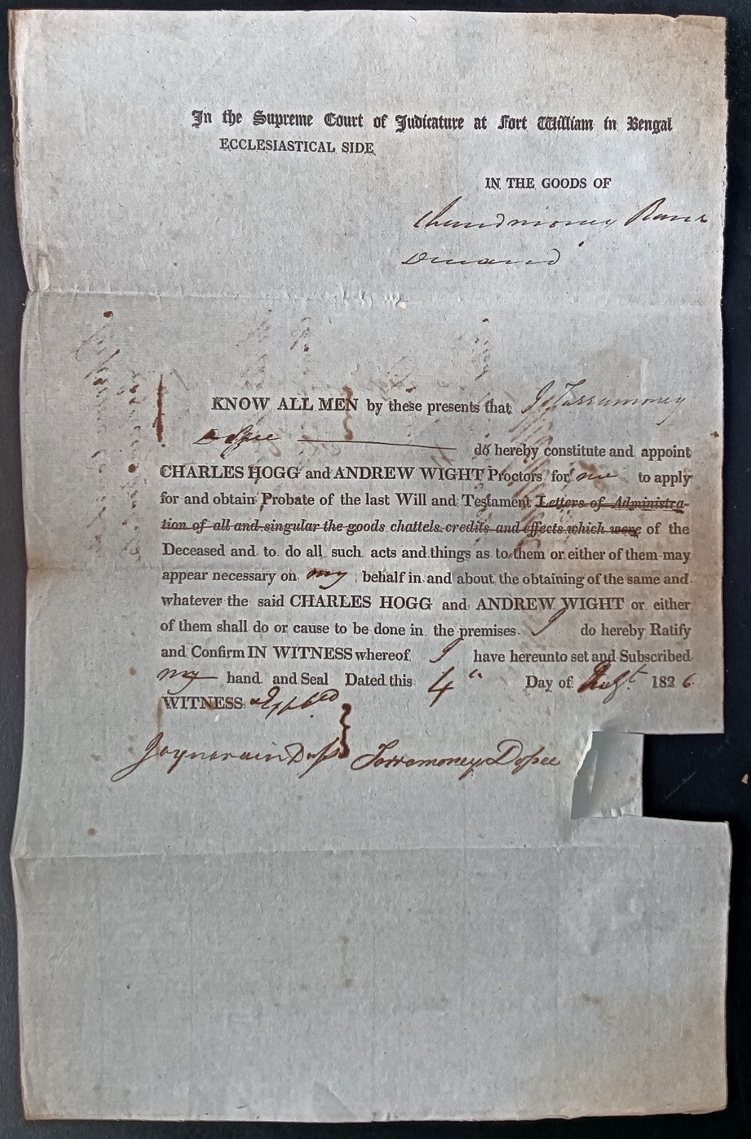India King George IV 1826 Fort William, Calcutta document