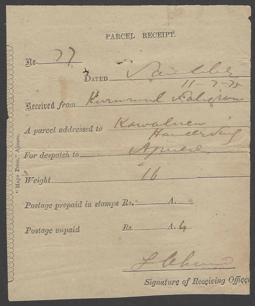 India 1875 Parcel receipt