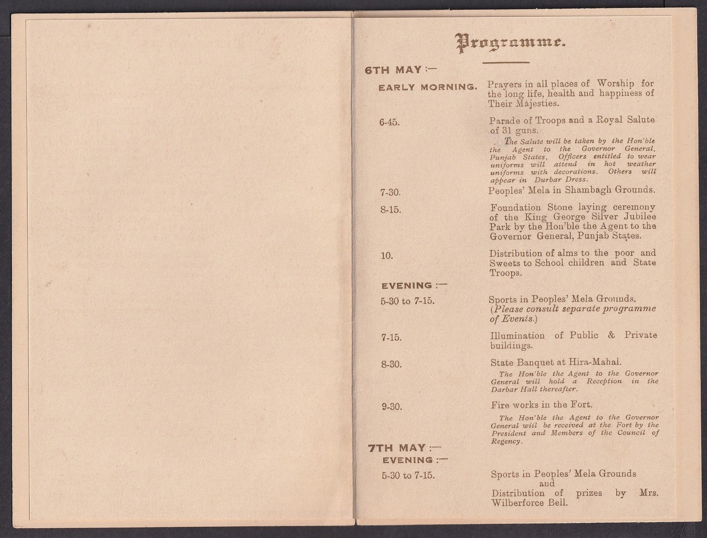 India 1935 1935 Their Majesty's Silver Jubilee - Programme of Celebrations