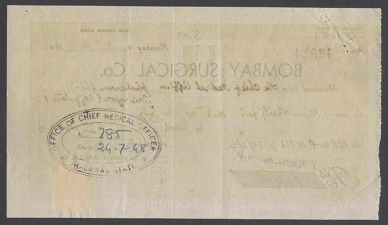 AOP India 1948 BOMBAY SURGICAL CO. stamped receipt