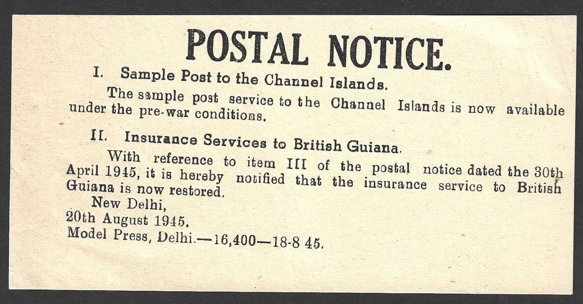 India 1945 POSTAL NOTICE Sample Post Channel Islands + Insurance British Guiana