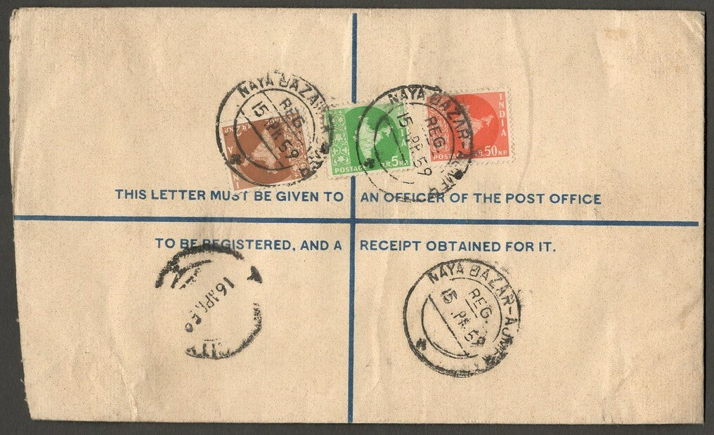 India 50np + 15np registered envelope used