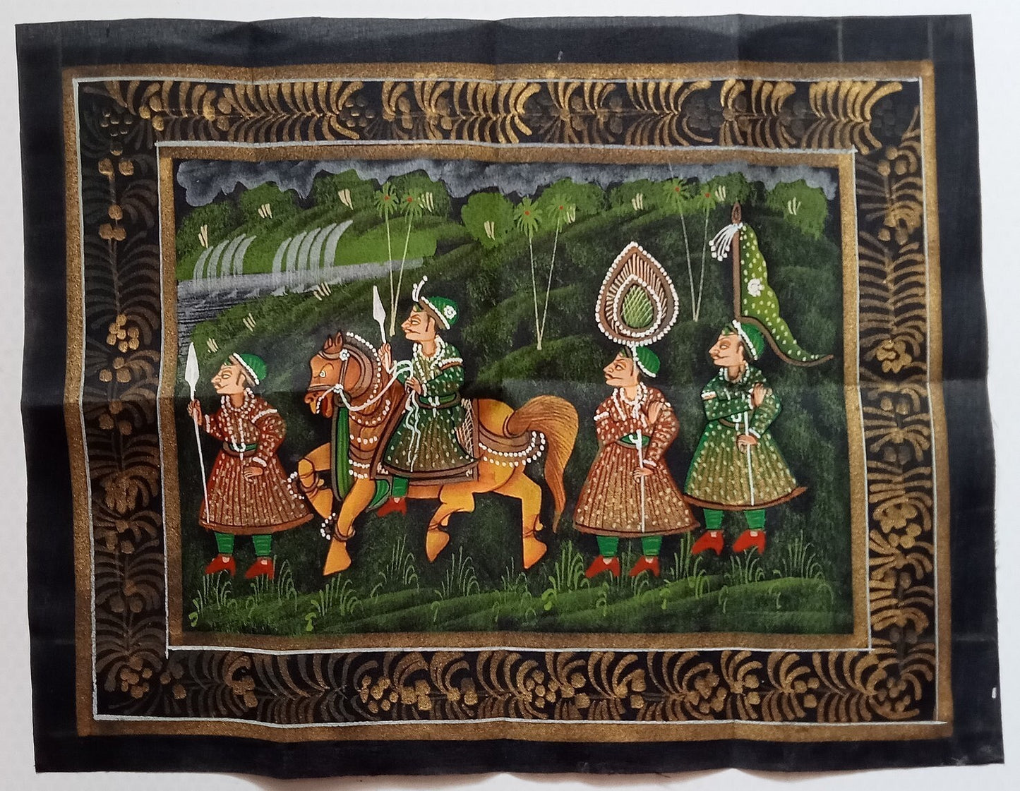 India vintage hand painting on cloth RAJAH ON HORSE 9 x 13 inches