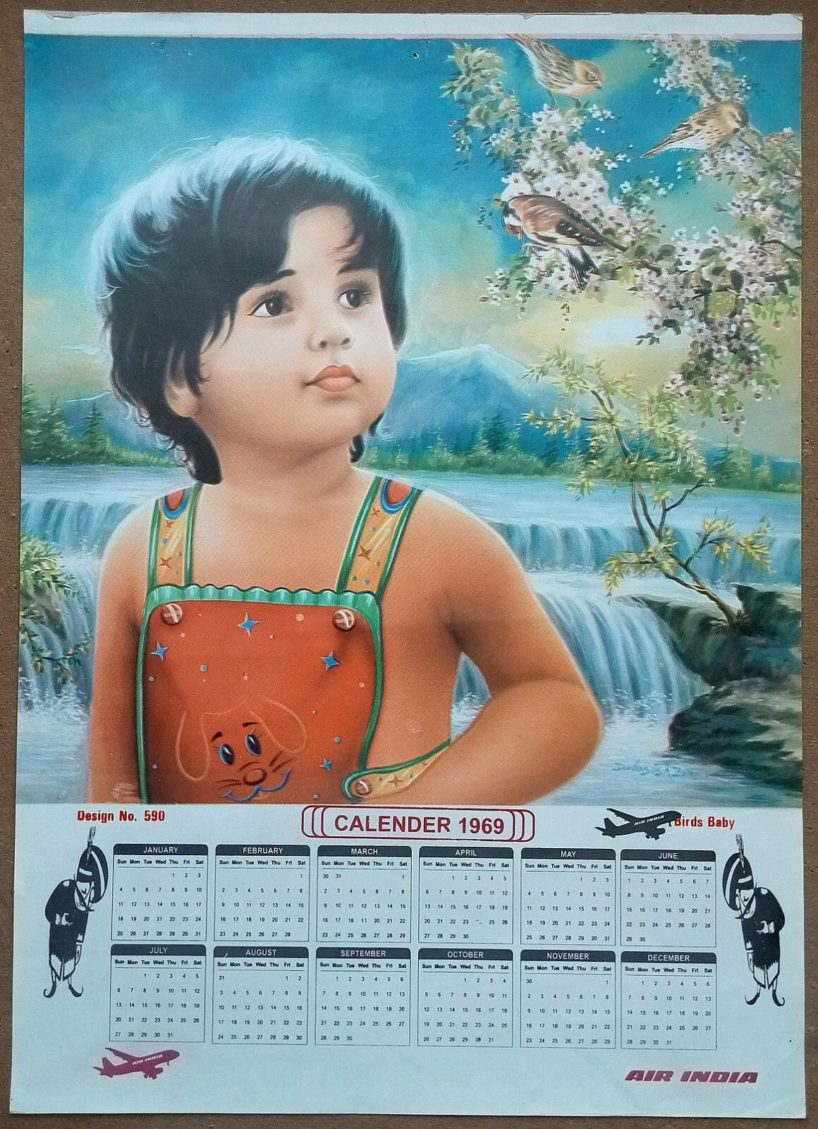 AIR INDIA 1969 poster calender 590 - BIRDS BABY - ARTIST : DEBASIS DAS - R