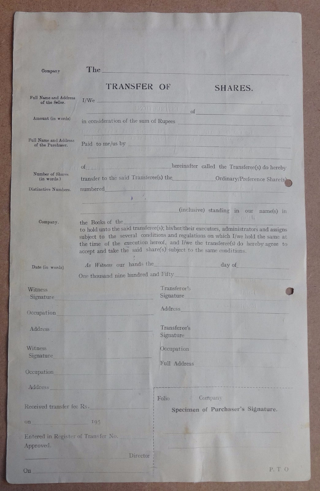 India Jaipur State Share Transfer 5R x 30 on share transfer form