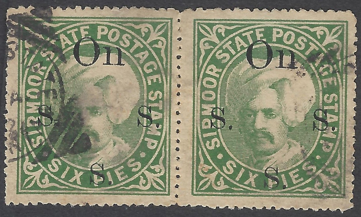 AOP India SIRMOOR STATE 1896-97 6p green used pair. SG 67a £22