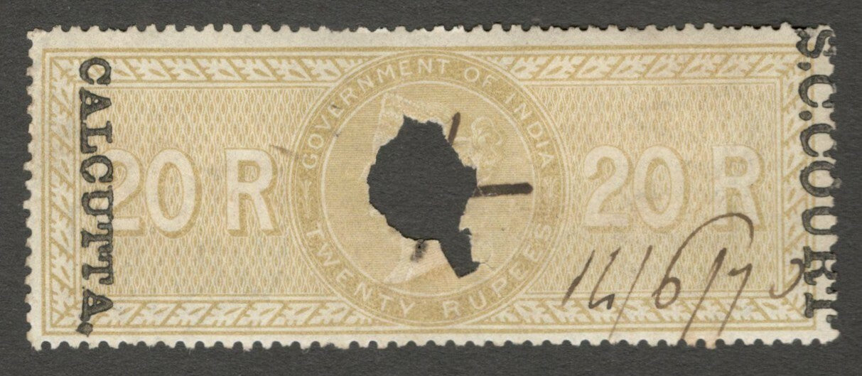 AOP India 1868-69 S C COURT CALCUTTA ovpt on SPECIAL ADHESIVE 20R used. Bft 62