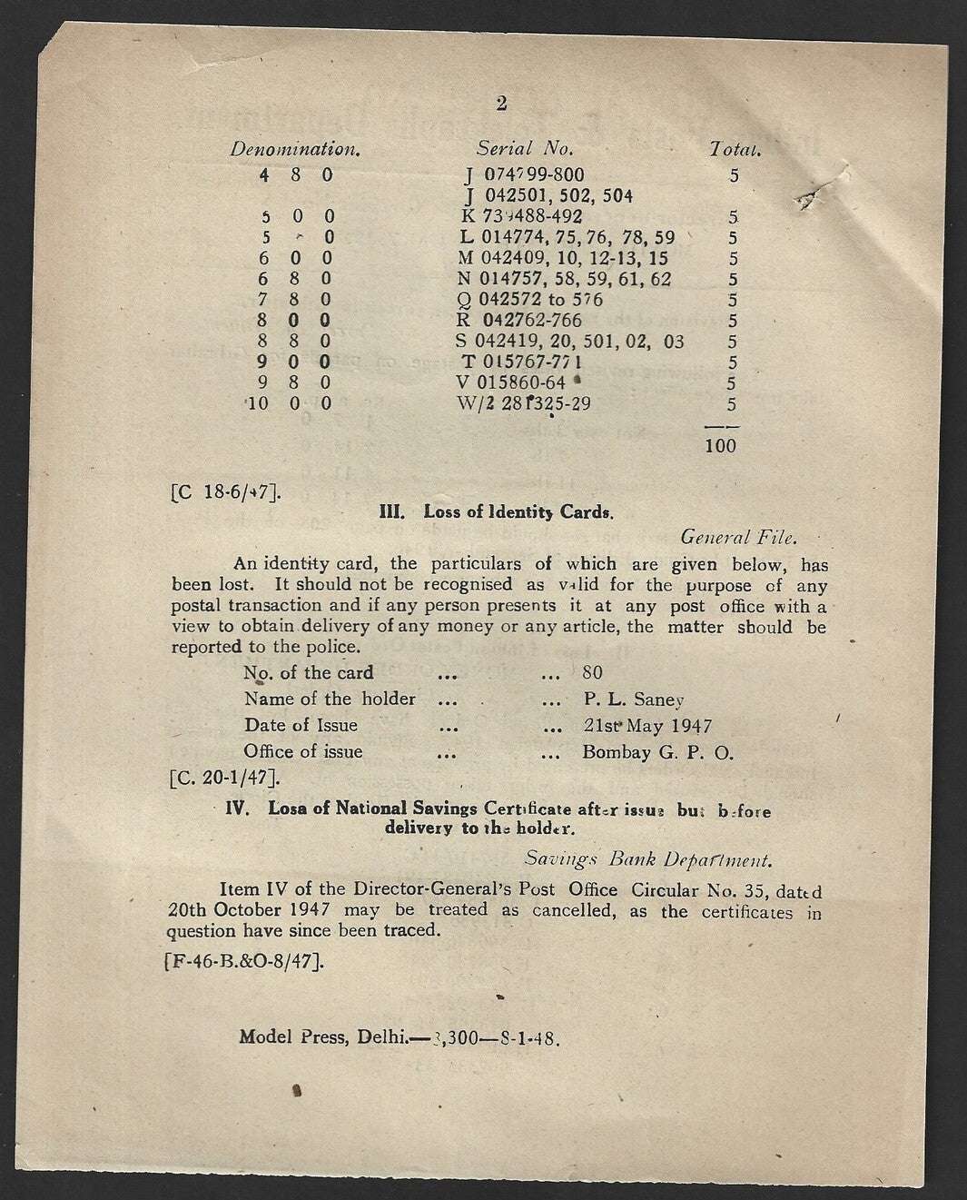 India POSTAL NOTICE #52 5tJan 1948 Postage rates for Gilbraltar + CIRCULAR No.54