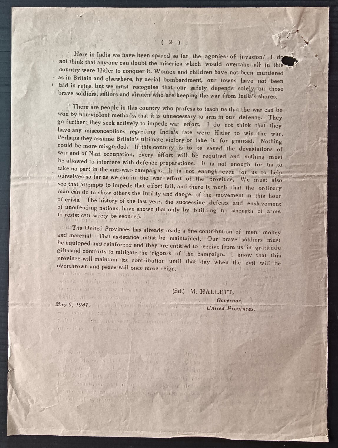 India printed WAR Press Message from H.E. Sir Maurice Hallett, Governor, UP