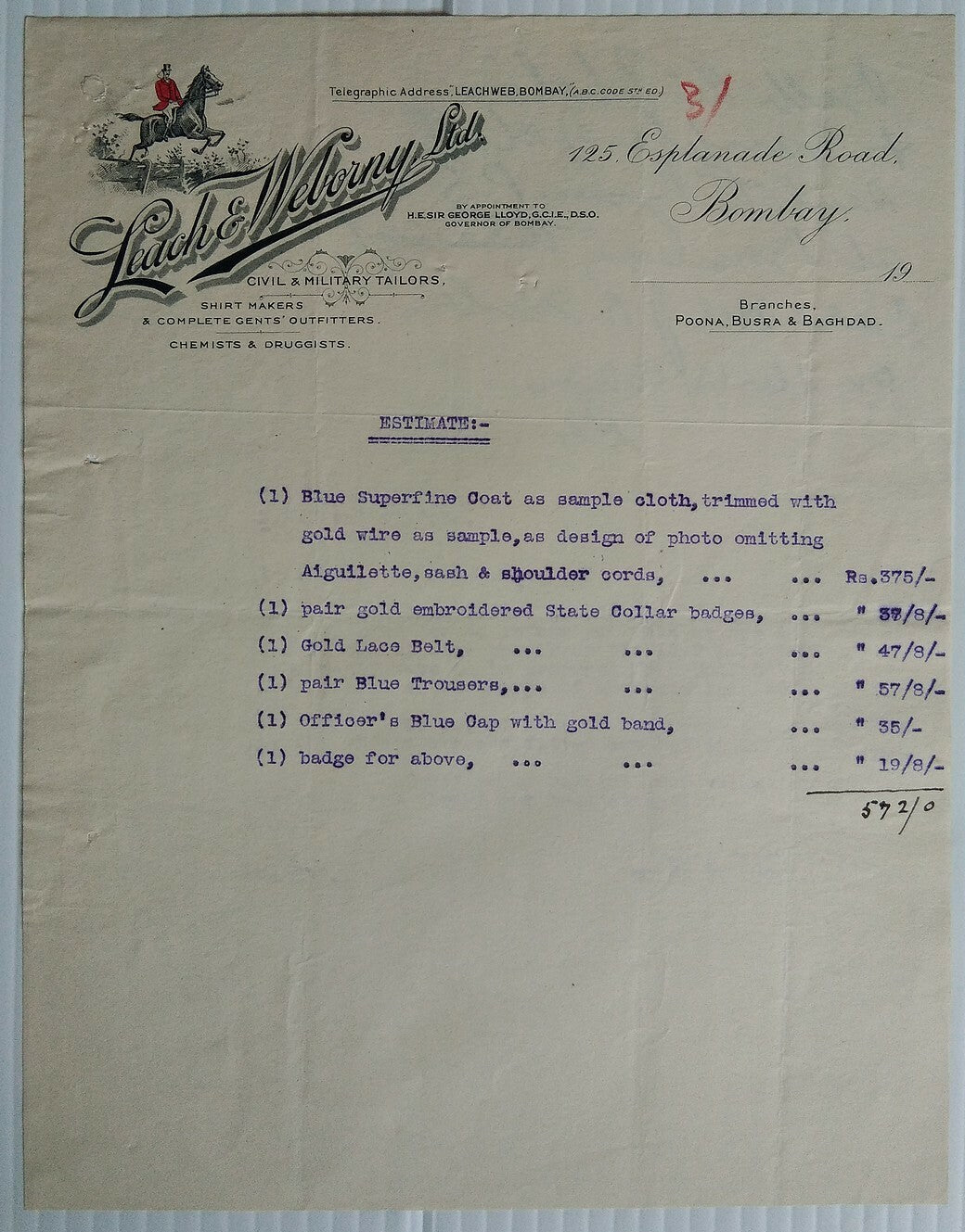India 1920s Leach & Weborny Civil & Military Tailors Bombay Billhead