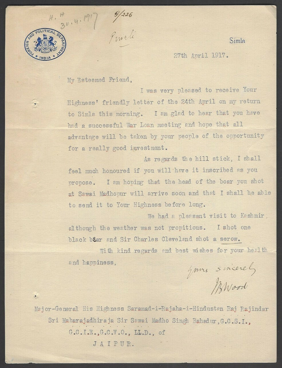 India Crested Letter FOREIGN AND POLITICAL DEPARTMENT INDIA signed AGG J B WOOD