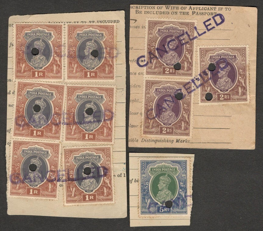 (AOP) India KGVI Rupee values used to pay passport fees on pieces