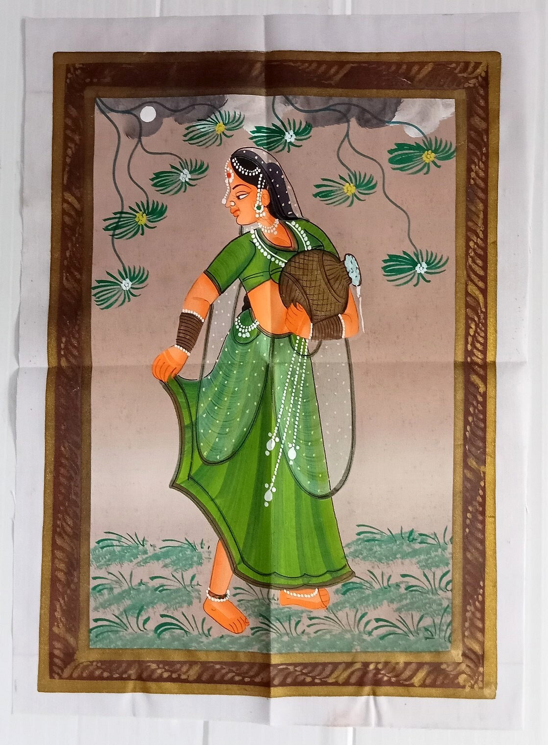 India Lady with a water pot hand painted on white cloth 24 x 33 cm