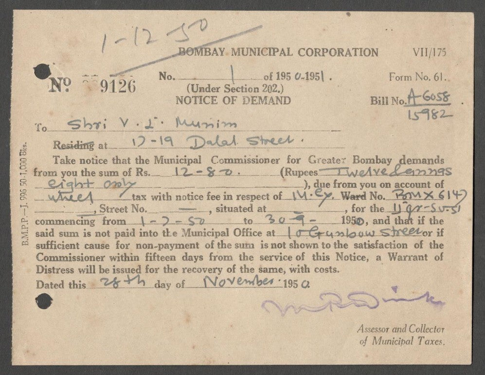 AOP India 1950 Bombay Municipal Corp Notice for unpaid VEHICLES TAX