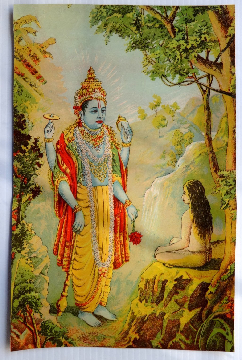 India vintage litho print Ravi Varma VISHANU 21 x 34cm – borders cut