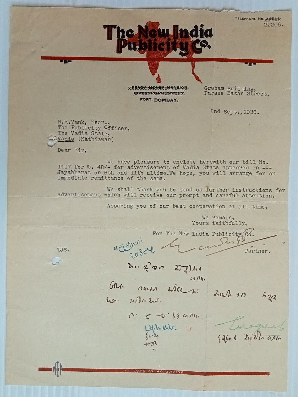 AOP India 1936 letterhead THE NEW INDIA PUBLICITY CO Bombay
