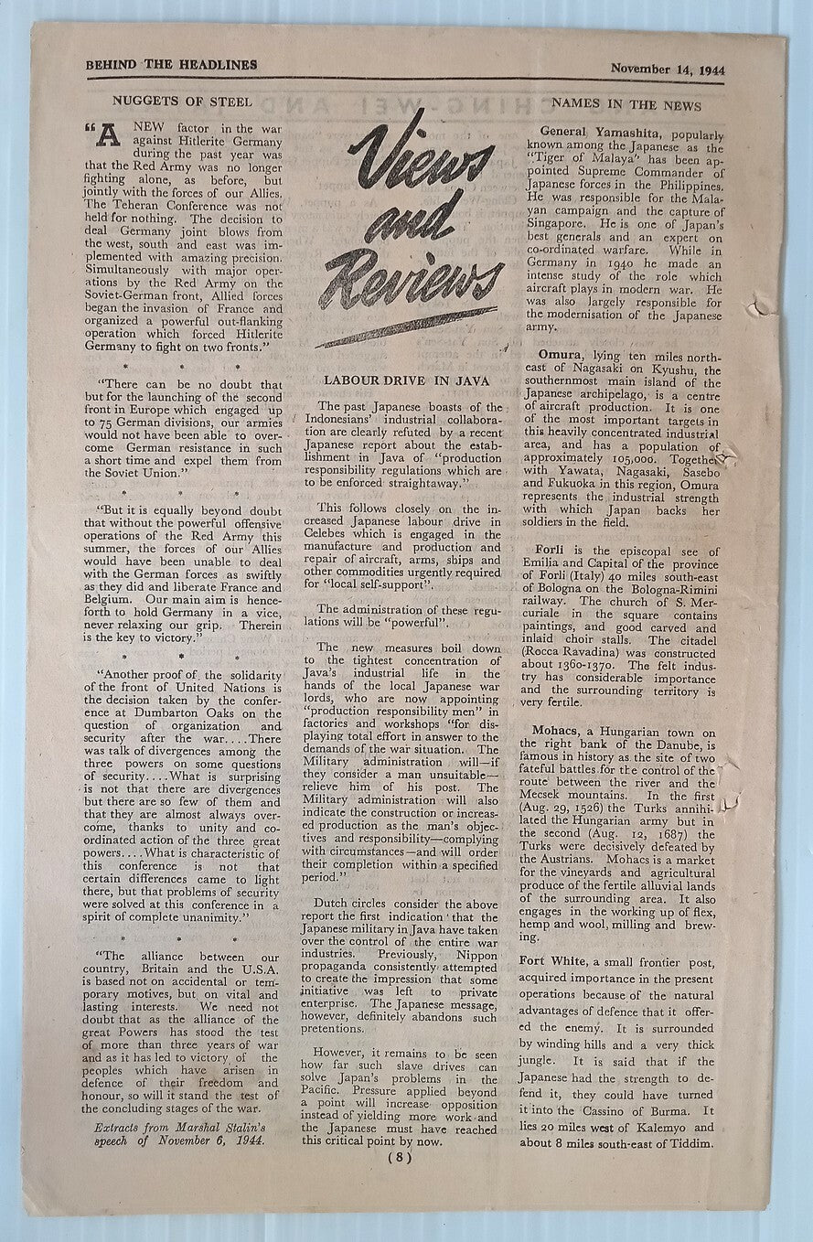 AOP India 1944 WW2 Propaganda rag BEHIND THE HEADLINES LABOUR DRIVE IN JAVA 8pgs