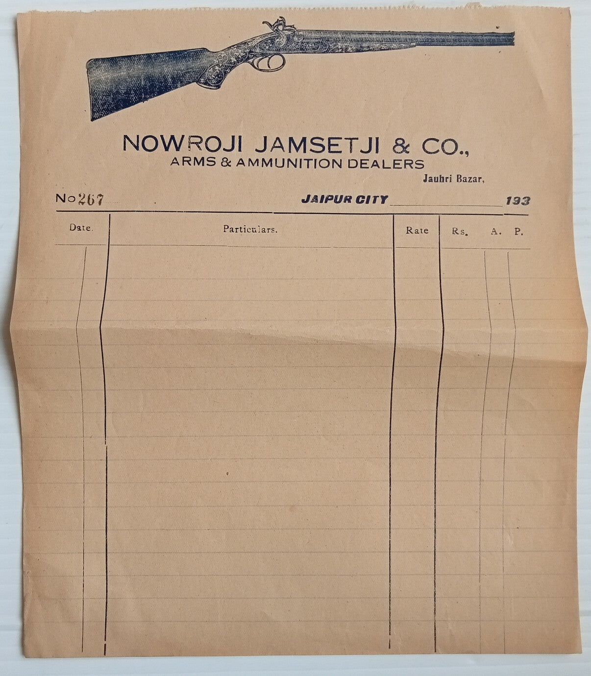 AOP India 1930 illustrated billhead ARMS & AMMUNITION DEALERS Jaipur city unused