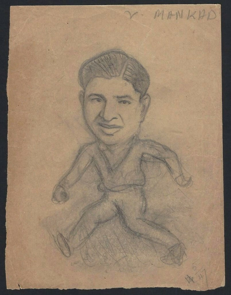 Cricket India 1946 England tour Vinoo Mankad pencil sketch by cartoonist R Booch