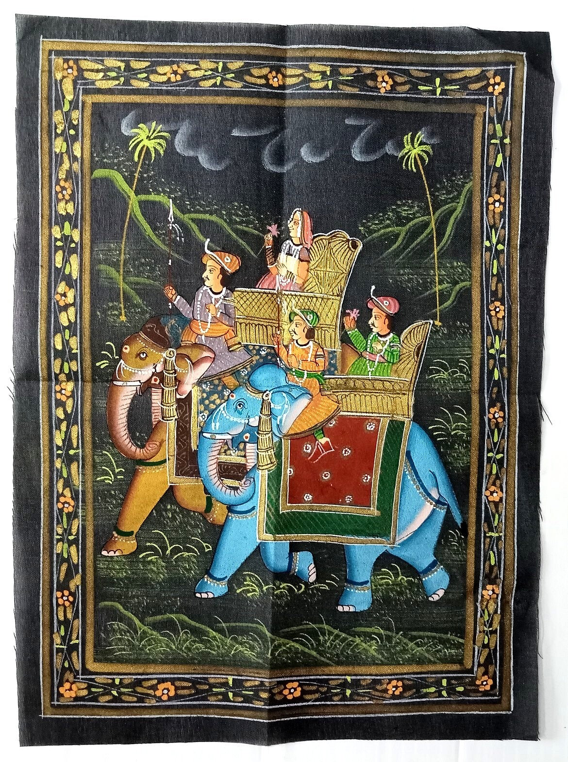 India Mughals on Elephant hand painted on black cloth 22 x32 cm