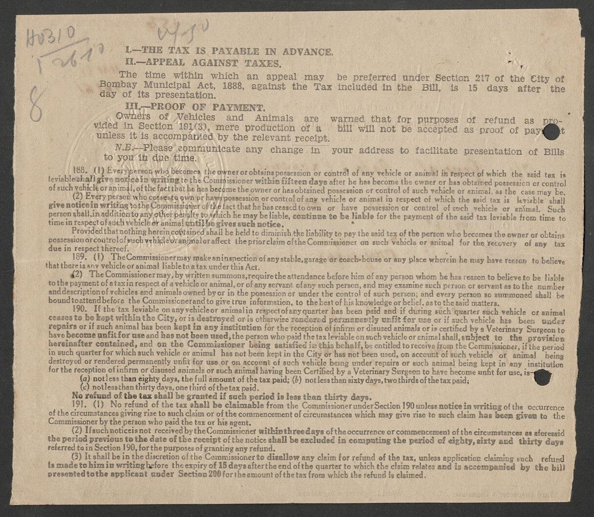 AOP India 1949 3rd Q Bombay Municipal Corp BILL FOR TAX ON VEHICLES AND ANIMALS