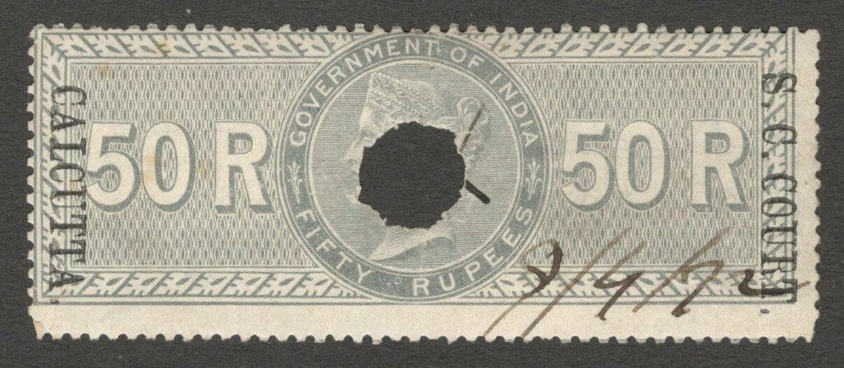 AOP India 1868-69 S C COURT CALCUTTA ovpt on SPECIAL ADHESIVE 50R used. Bft 64