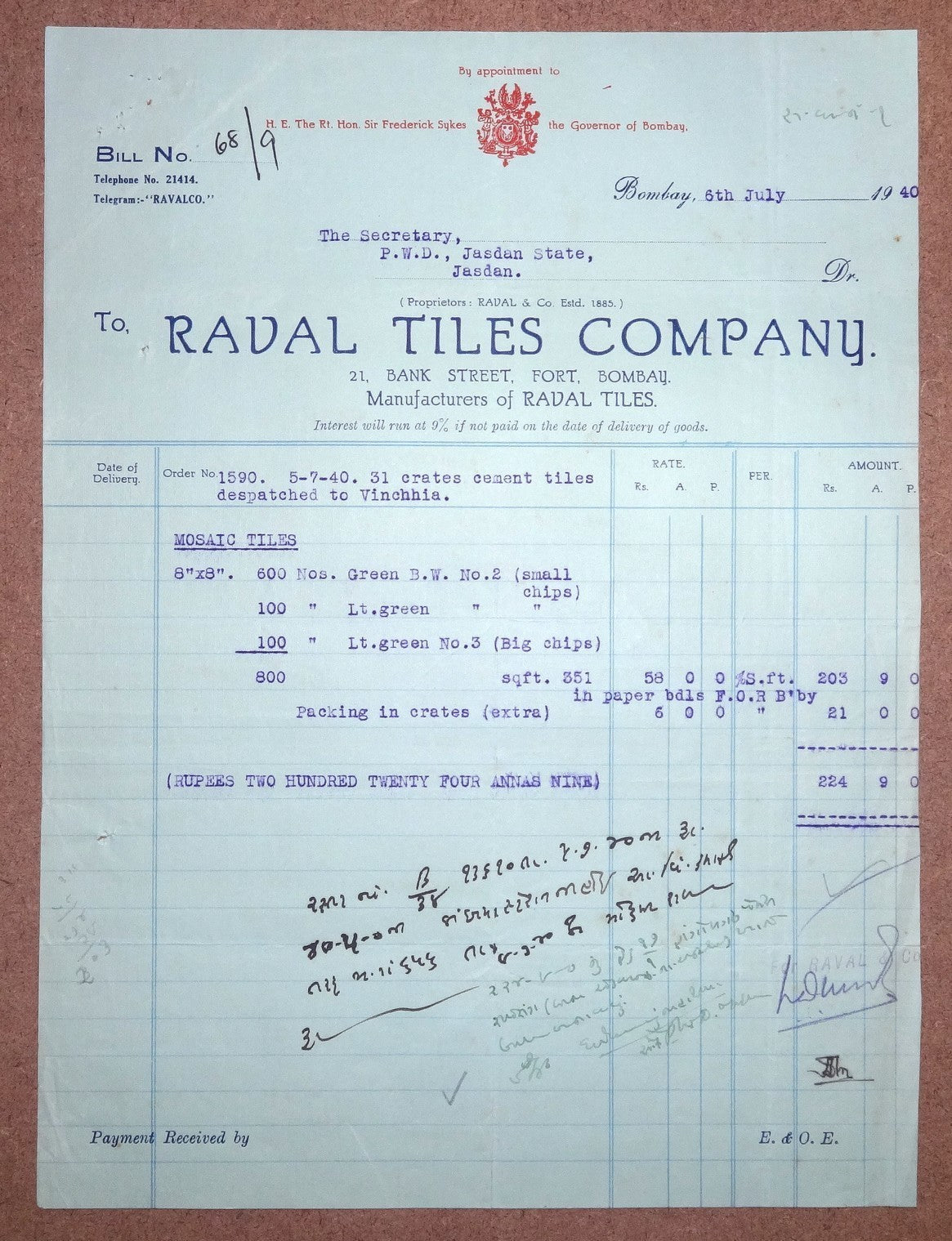 India 1940 Raval Tiles Co. Billhead