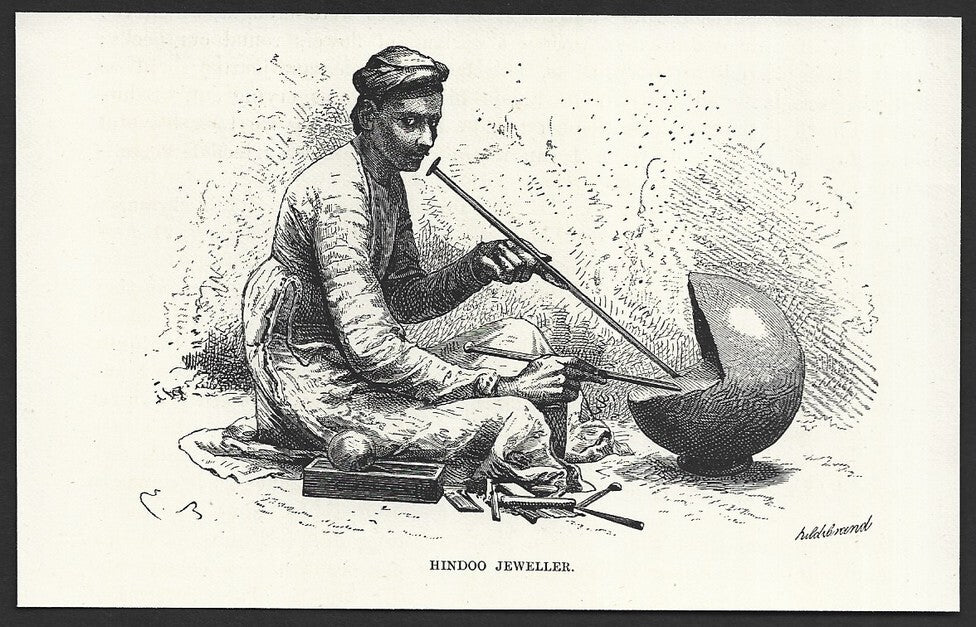 India HINDOO JEWELLER engraved print ex libris Rousslet 1876 6"x3.5"
