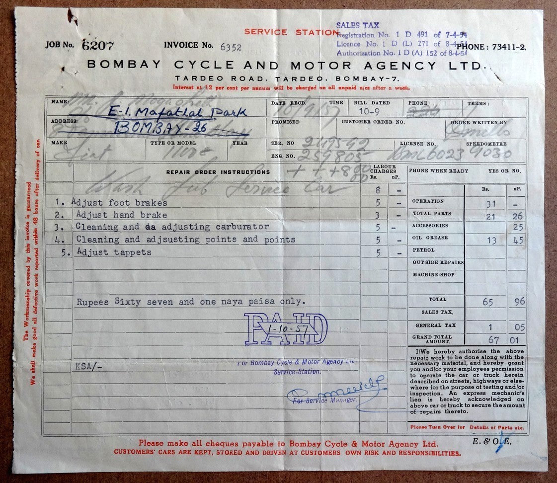 India 1957 Bombay Cycle & Motor Agency Billhead & Receipt (3)