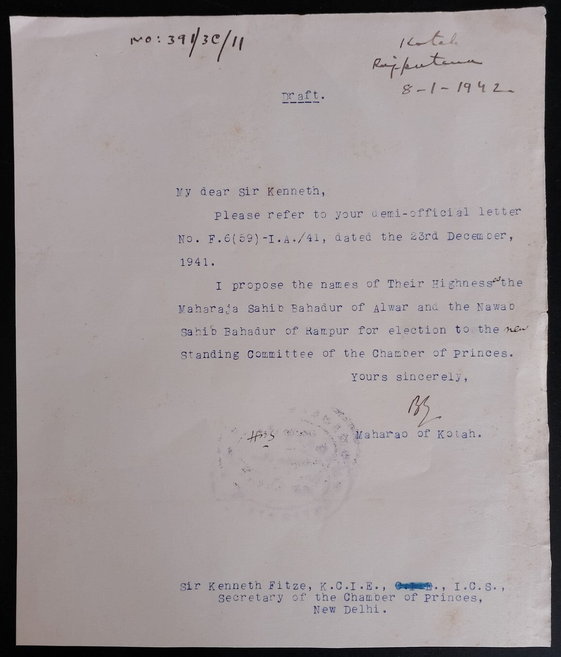 AOP India 1942 letter initialled by the Maharaja of Kotah