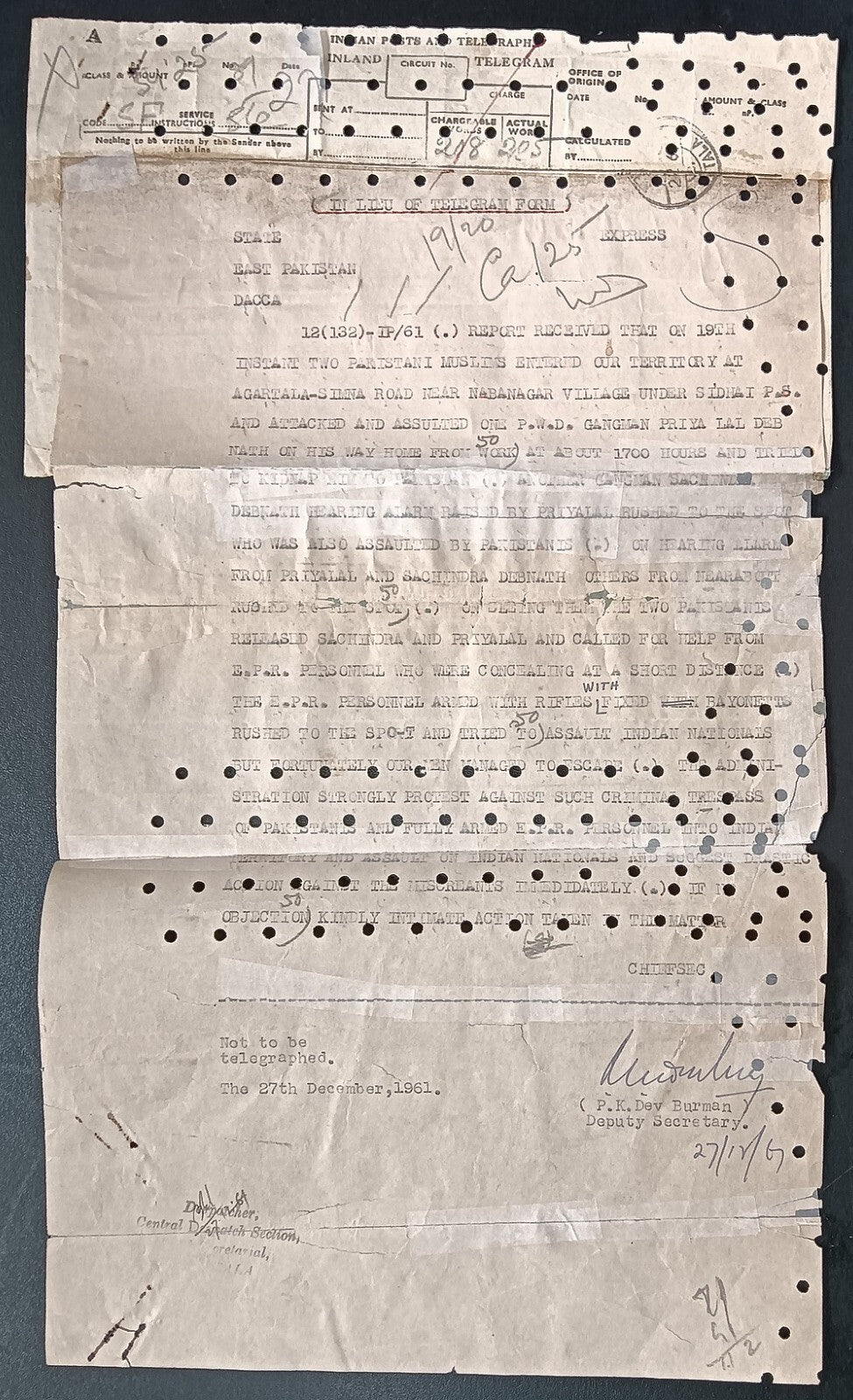 India 1961 telegram re Pakistani cross border attack w high value Service stamps