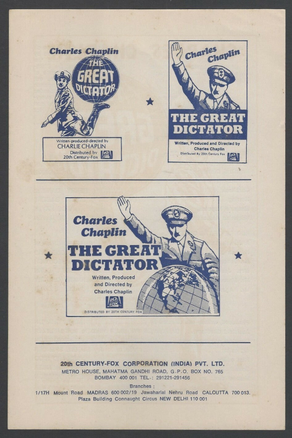 India herald for 1970s release of 1940 THE GREAT DICTATOR Chalie Chaplain