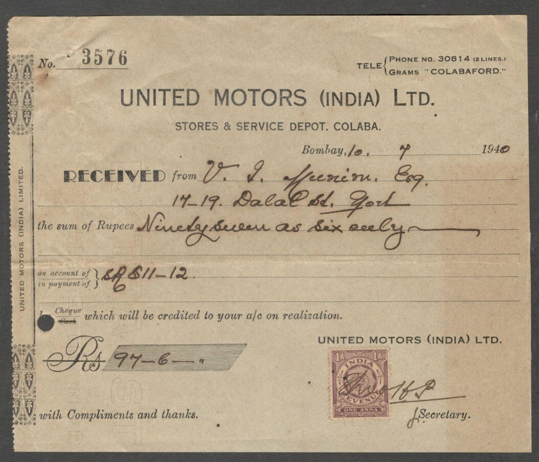 AOP India UNITED MOTORS (INDIA) LTD.,, Bombay 1940 stamped receipt