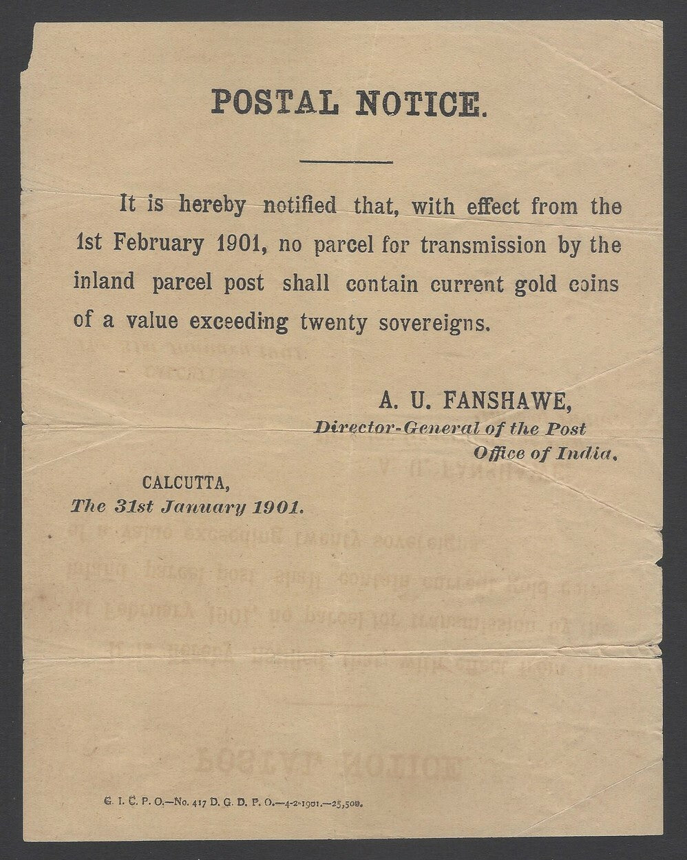 AOPIMT India 1901 POSTAL NOTICE about gold coins