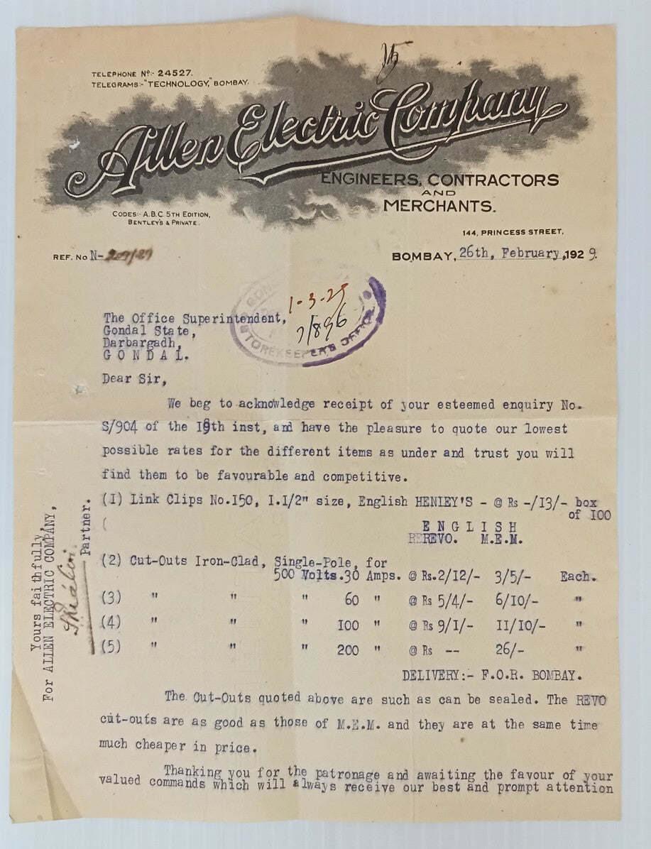 AOP Allen Electric Co. Bombay 1929 illustrated letterhead India