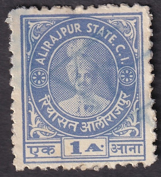 India Alirajpur state 1a blue revenue stamp