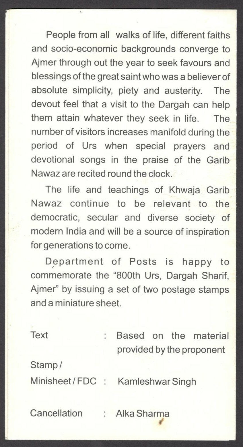 India 2012 URS, Dargah Sharif, Ajmer MS used brochure