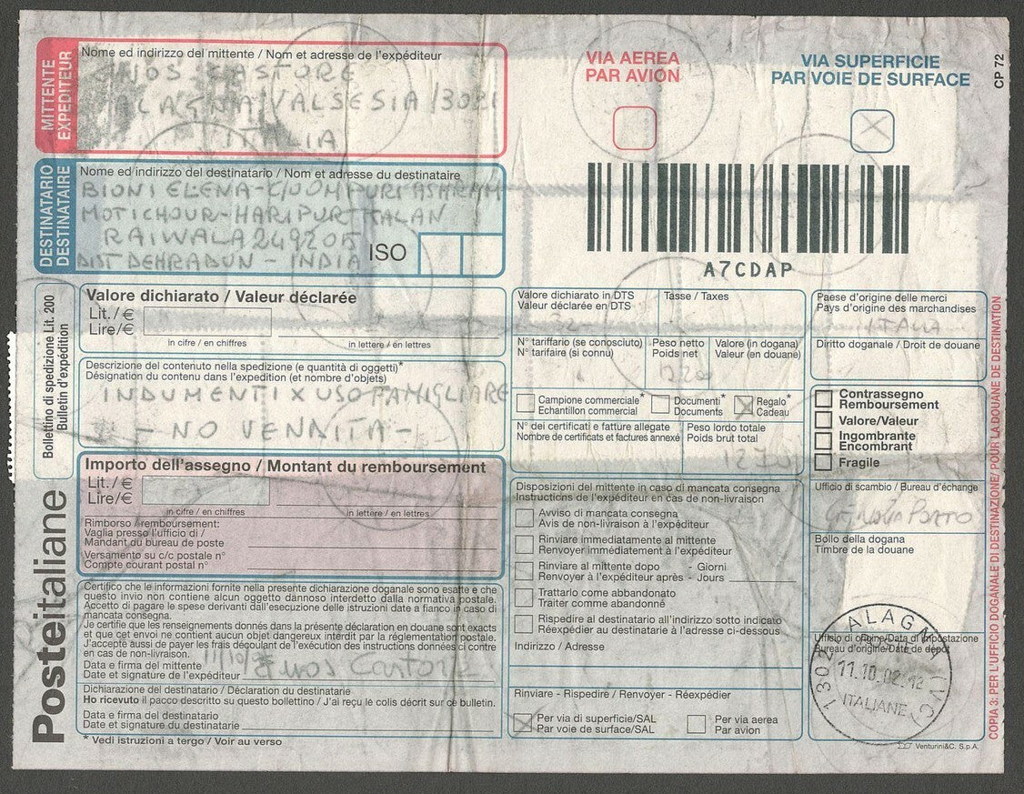 AOP Italy parcel card to India with 2002 numerals Є2.58 x 14 etc.